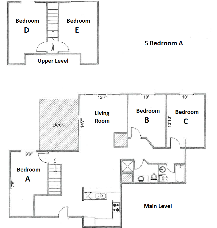 Floor plan for 5 beds, 2 baths, 1325 sqft